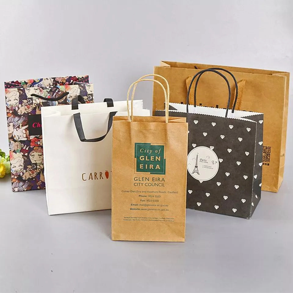 Recycled Biodegradable Retail Grocery Shopping Packaging Custom Made Fast Food Take Away Clothes Packaging Kraft Paper Bag